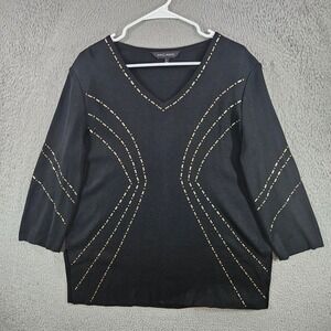 Ming Wang Womens Black Gold Studded V-Neck Knit Top 3/4 Sleeve Size L